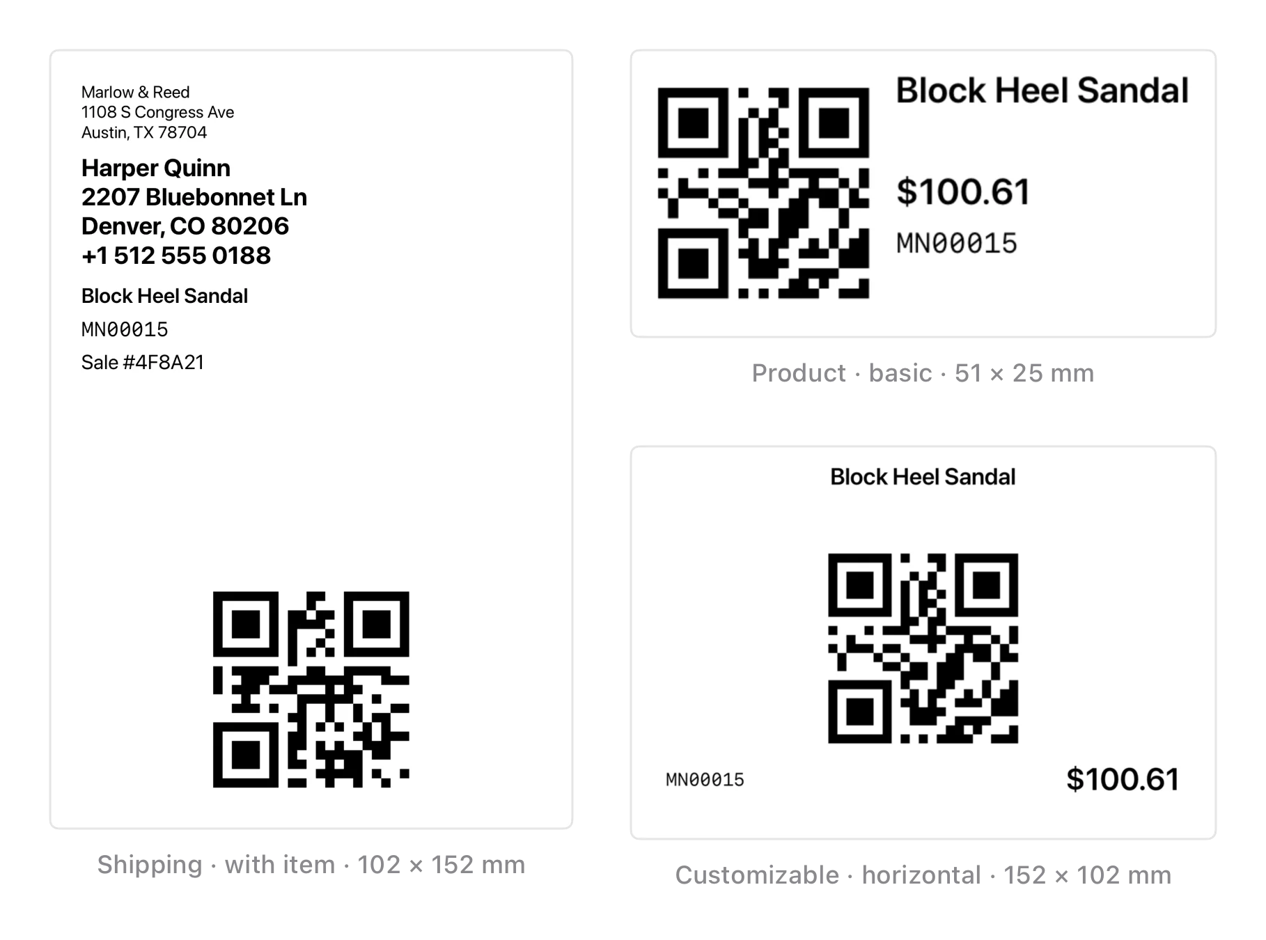 Three labels printed by Inventury: a shipping label with sender, recipient and QR code, a 51 × 25 mm product label and a landscape customizable one