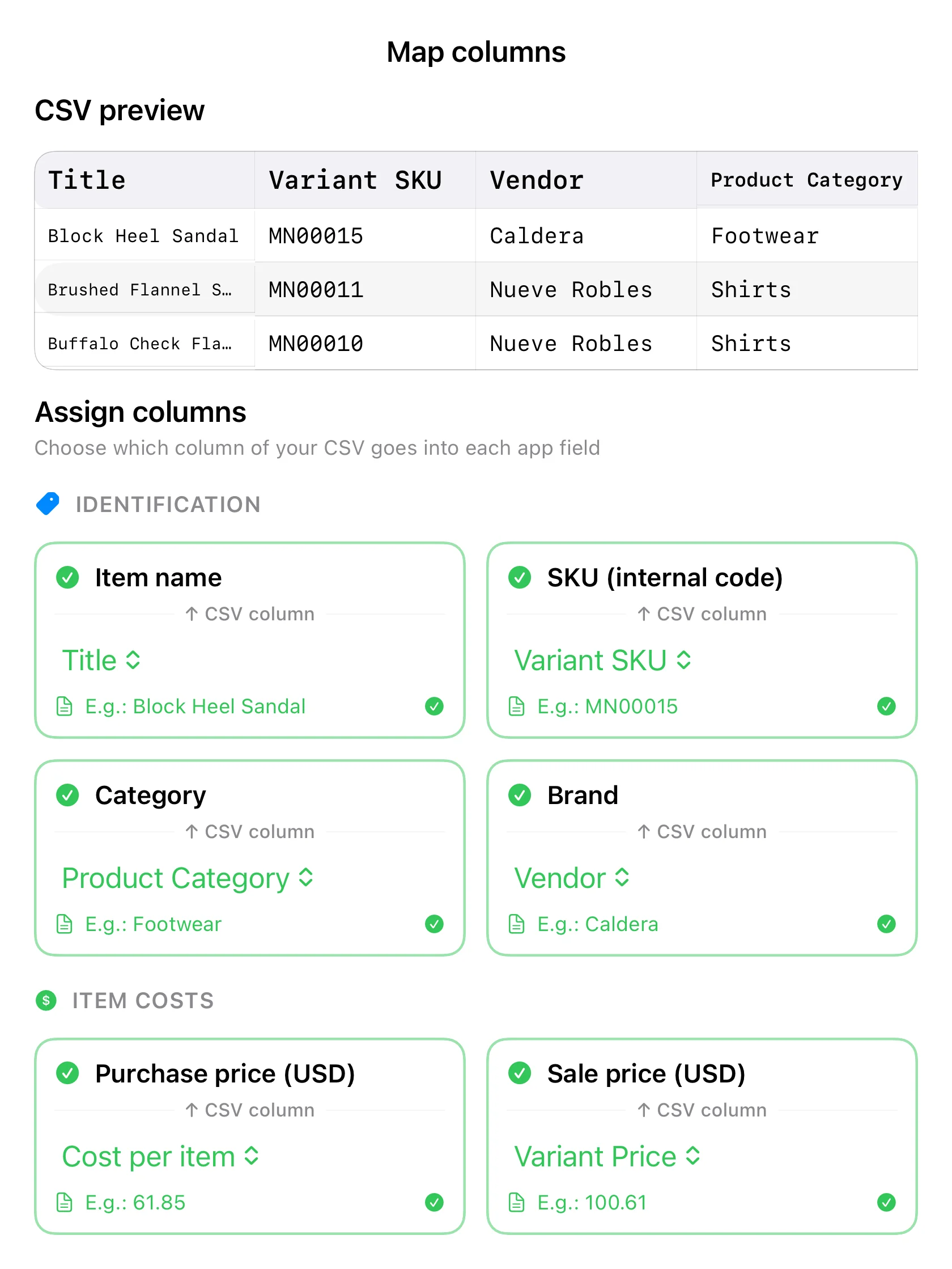 Column mapping for a CSV exported from Shopify in Inventury, with the first real value of each column