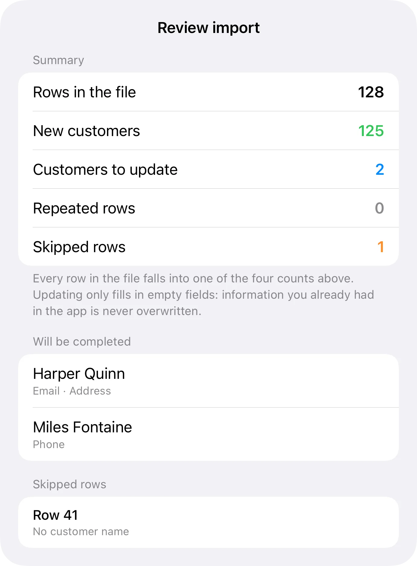 Review before importing customers in Inventury: new, updated, repeated and skipped rows with the reason