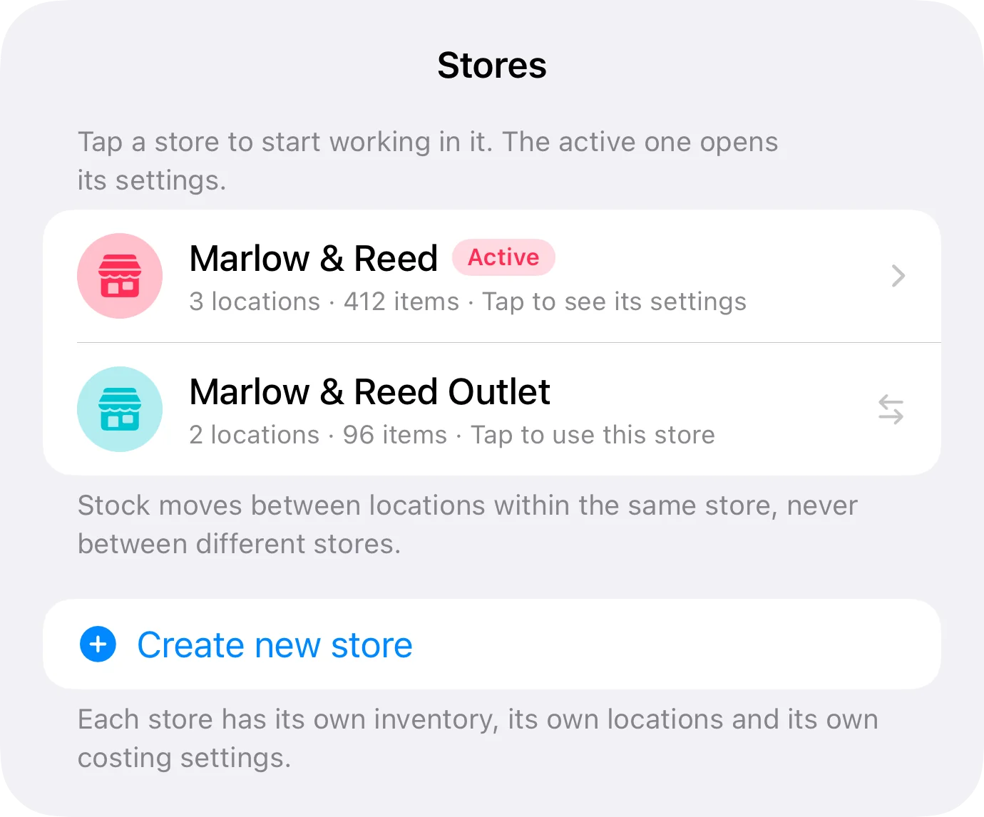 Inventury store list: Marlow & Reed active with 3 locations, and a second store, Marlow & Reed Outlet