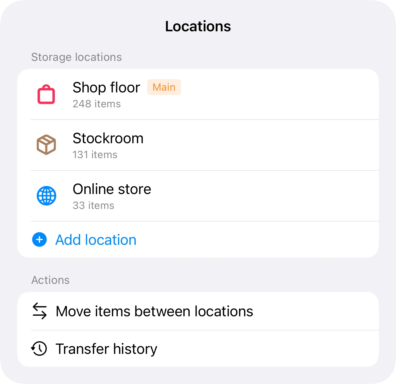A store's locations in Inventury: Shop floor, Stockroom and Online store, with the items in each