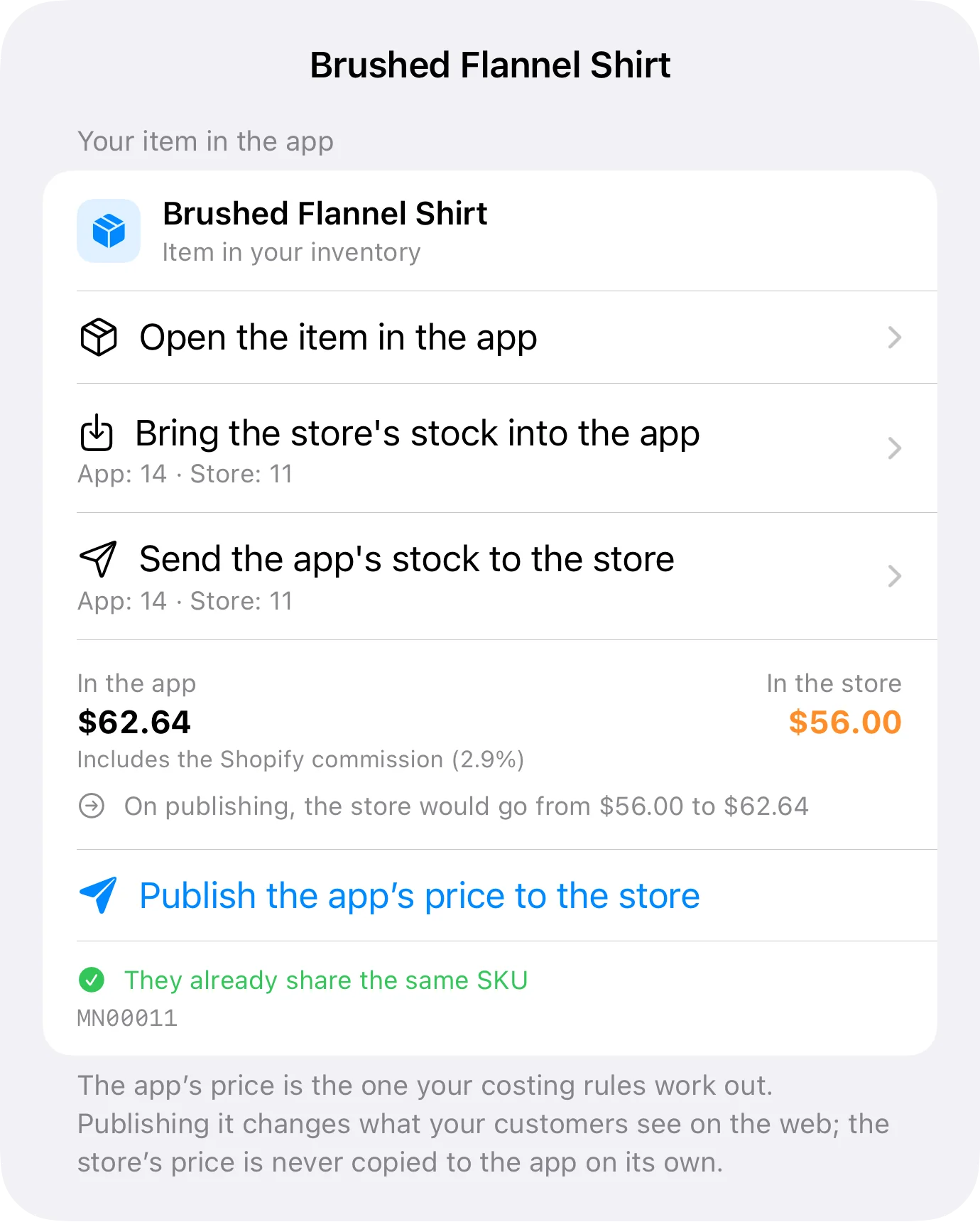 An item linked to Shopify in Inventury: pull or push stock and publish the app's price