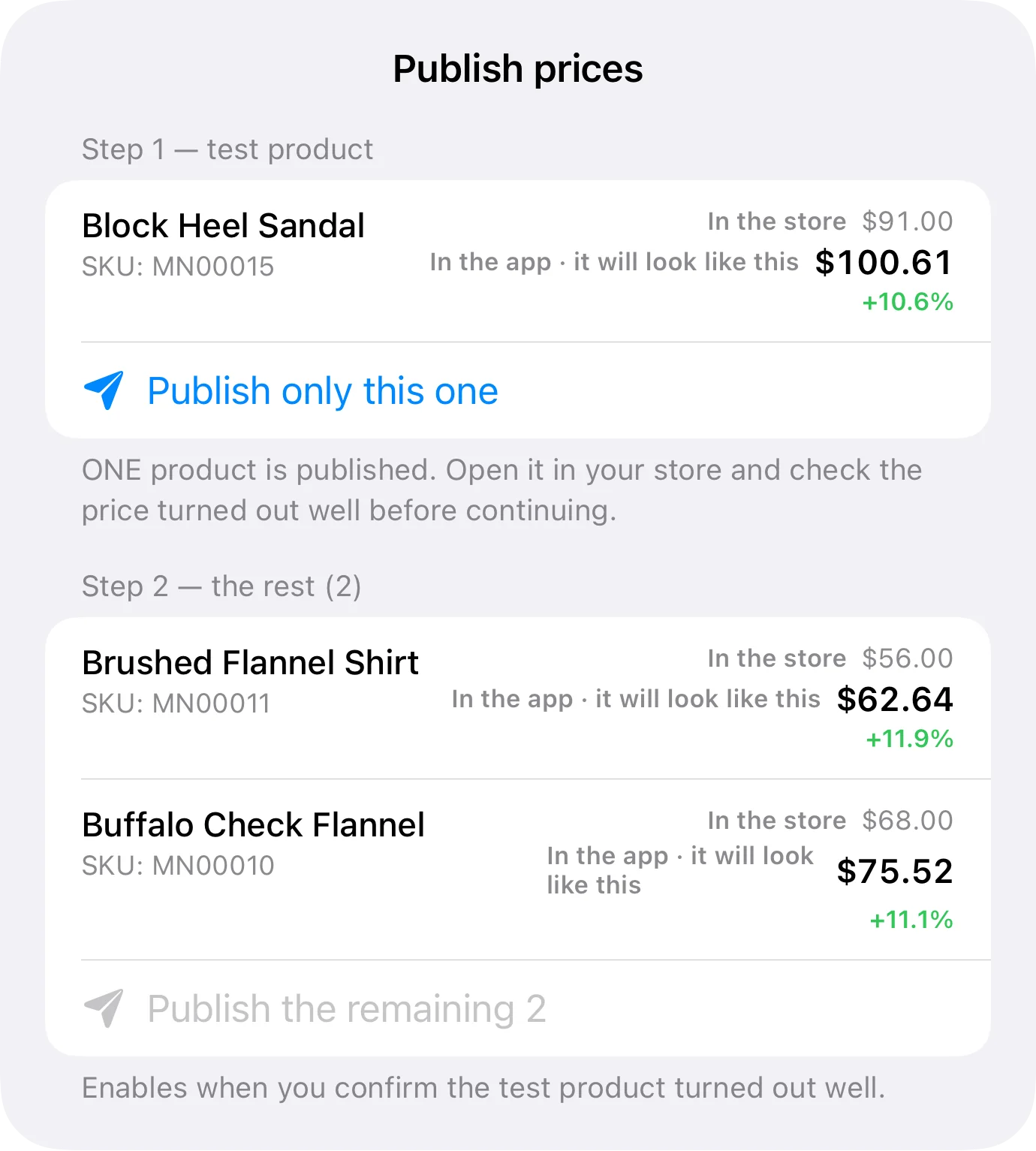 Publishing prices to WooCommerce from Inventury: one test product first, then the rest